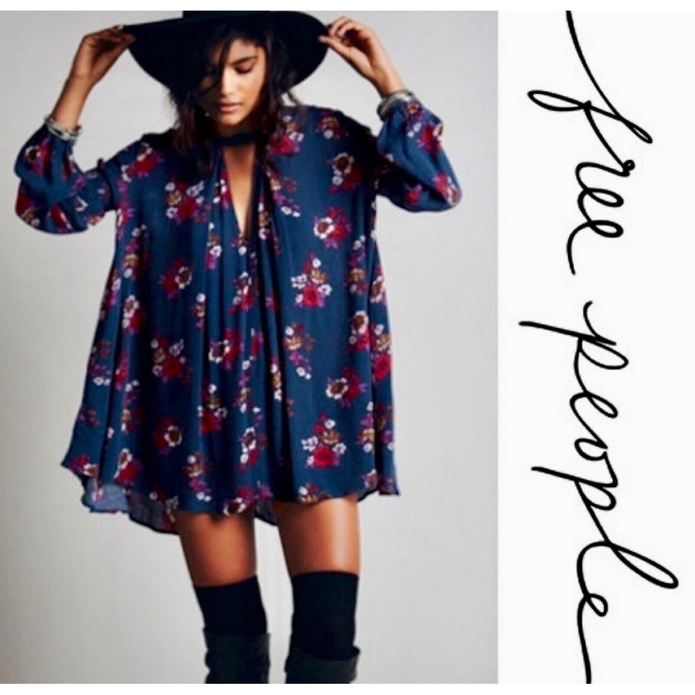 Free People Smooth Talker Floral Mini Dress Teal Blue Boho Keyhole Size Medium